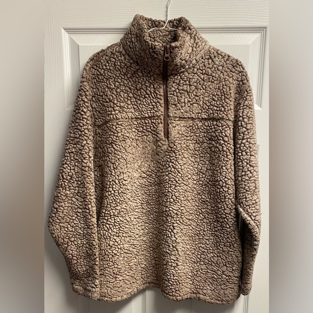 Zenana Boutique Sherpa Quarter Zip Pullover In Tan/Brown Size Large